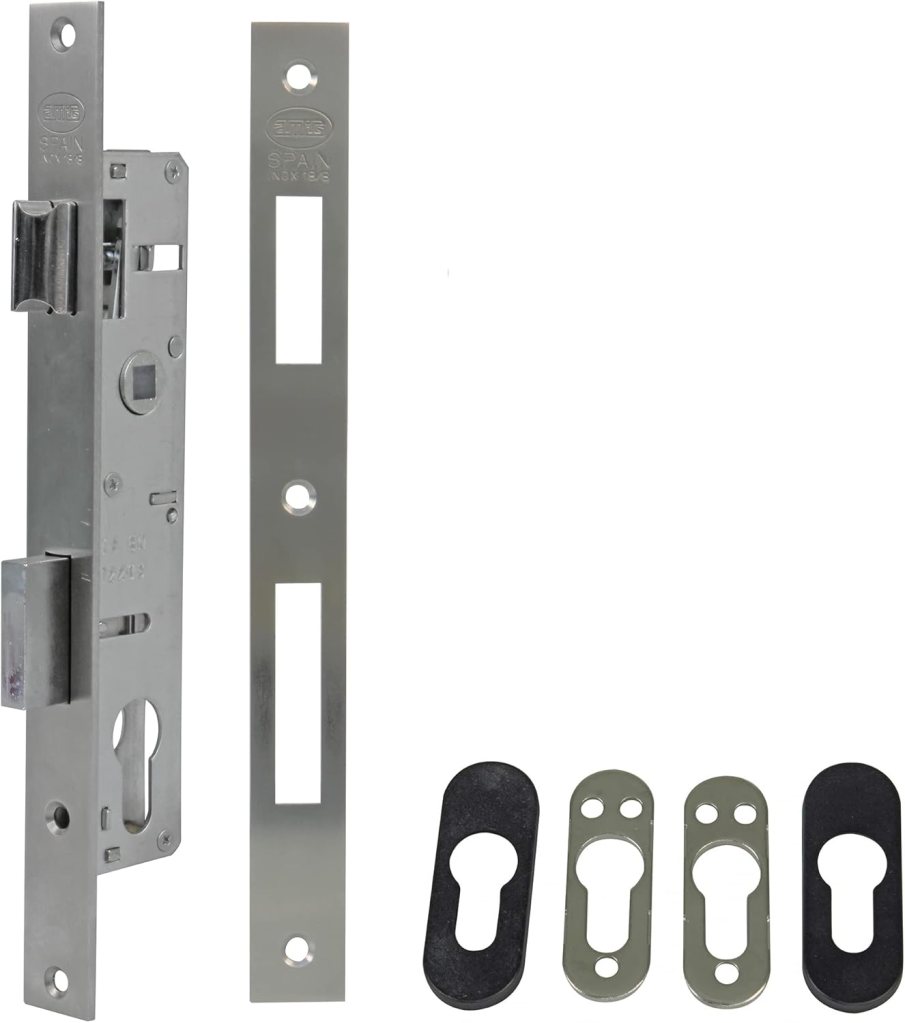 Cerradura completa instalada en puerta, incluye mecanismo interno, bombín y escudo