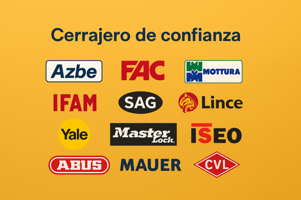 Logos de marcas de cerraduras con las que trabaja Cerrajería Técnica BeyPe: Azbe, FAC, Mottura, Tecsesa y más